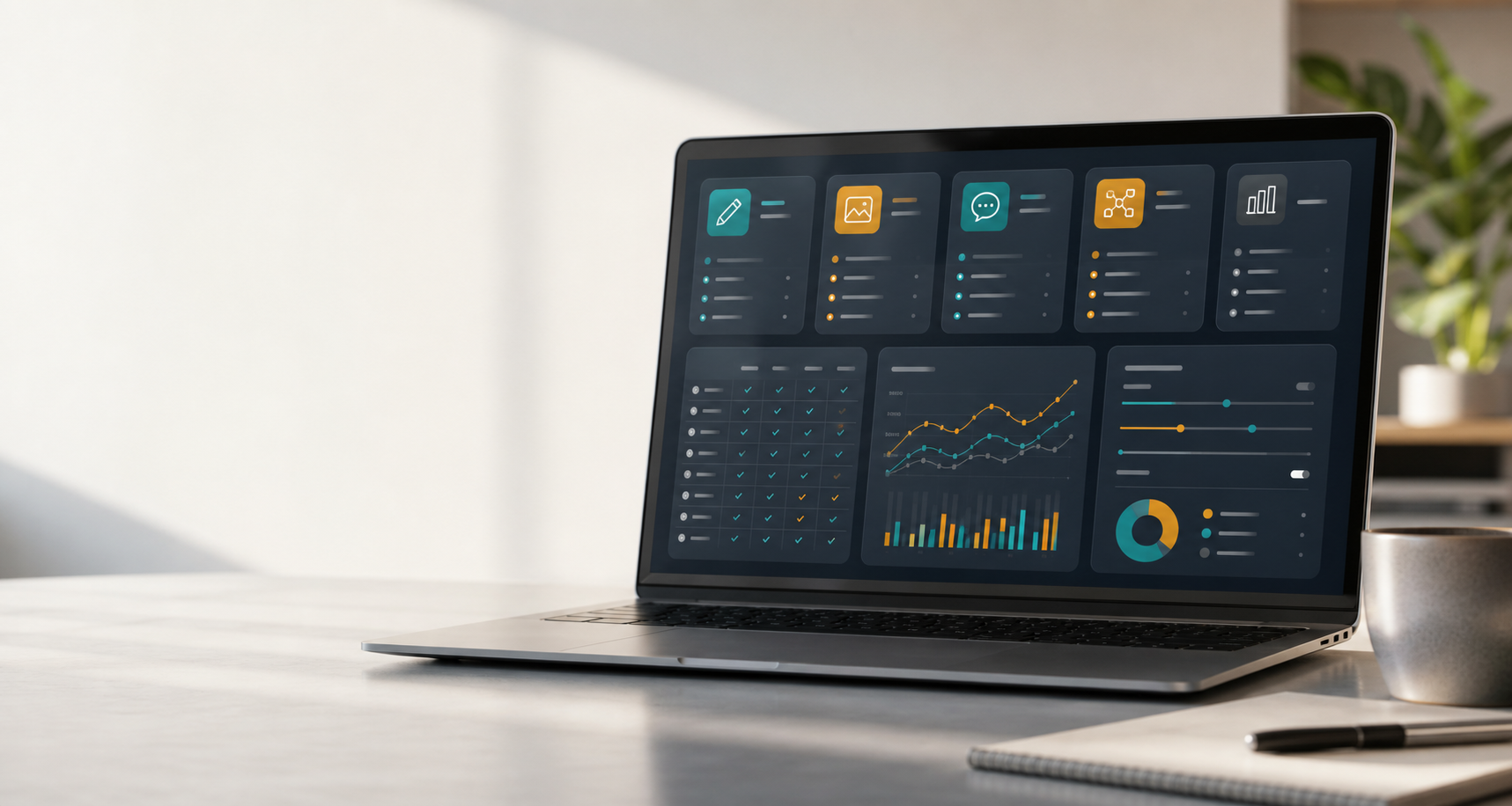 A laptop showing abstract AI pricing dashboard panels